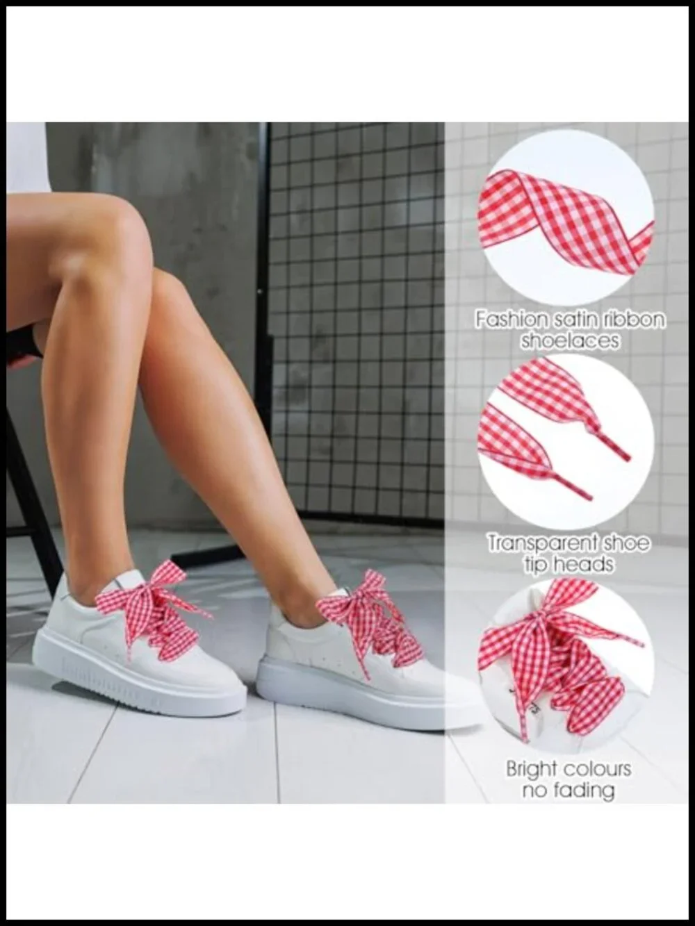 6 Pair Satin Ribbon Shoelaces for Sneakers - Gingham Flat Ballet Shoe Strings